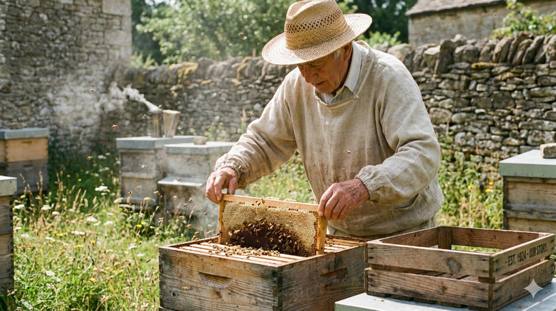 Traditional beekeeper harvesting honey